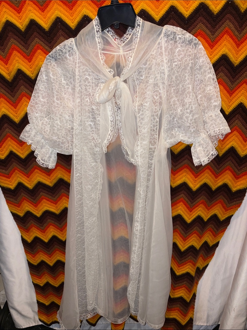 Vintage 50s Chiffon Lace Peignoir Robe White Sheer, sz L, bow tie neck